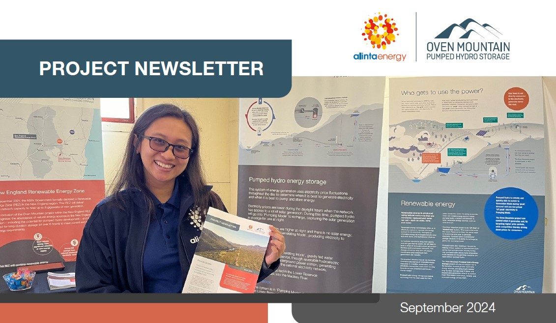 A teaser for our latest Project Newsletter for September 2024 showcasing the Alinta Energy logo, OMPS logo and an image of a smiling OMPS project worker with long, dark hair and glasses holding the previous project newsletter in her hands.